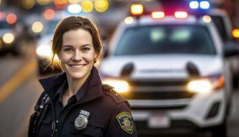 een mooi glimlachen jong vrouw Politie naast van een wazig verkeer licht en Politie auto achtergrond ai gegenereerd foto