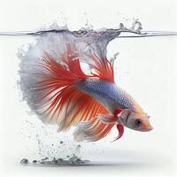 een ultra realistisch discus betta dat springt door spatten Aan een wit achtergrond ai gegenereerd foto