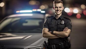 een mooi glimlachen jong mannetje Politie naast van een wazig verkeer licht en Politie auto achtergrond ai gegenereerd foto