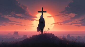 silhouet van een Mens met kruis ai gegenereerd foto