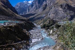 Himalaya landschap, panoramisch visie van himalayan berg gedekt met sneeuw. Himalaya berg landschap in winter in kedarnath vallei. foto