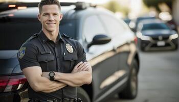 een mooi glimlachen jong mannetje Politie naast van een wazig verkeer licht en Politie auto achtergrond ai gegenereerd foto