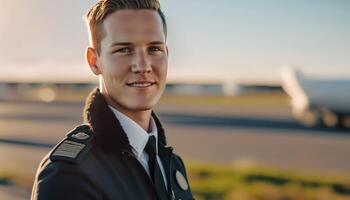 een mooi glimlachen jong mannetje piloot in voorkant van een wazig luchthaven achtergrond ai gegenereerd foto