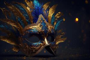realistisch luxe carnaval masker met blauw veren. abstract wazig achtergrond, goud stof, en licht Effecten. gegenereerd ai foto