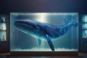 een vorm van een blauw walvis drijft net zo een hologram in een laboratorium gemaakt met generatief ai technologie. foto