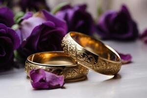 twee bruiloft ringen gemaakt van goud Aan een licht oppervlakte met sommige rozen gemaakt met generatief ai technologie. foto