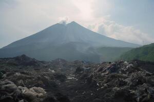 een groot vulkaan en een reusachtig bedrag van plastic verspilling Aan de landschap gemaakt met generatief ai technologie. foto