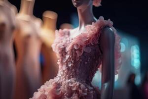 een vernieuwend elegant jurk gemaakt van suikerspin Aan een mannequin met zacht bokeh lichten gemaakt met generatief ai technologie. foto