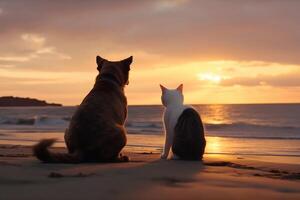 een hond en een kat gezien van achter Aan de strand kijken dromerig in de zonsondergang gemaakt met generatief ai technologie. foto