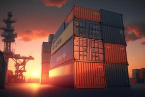 de zon is instelling achter een groot stack van Verzending containers, generatief ai foto