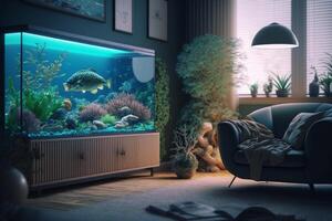 een leven kamer gevulde met meubilair en een groot aquarium, generatief ai foto