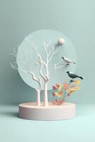 3d minimalistische voetstuk met papier vogels. generatief ai foto
