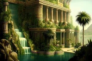 fictief digitaal illustratie van de hangende tuinen van Babylon. generatief ai. digitaal kunst illustratie foto