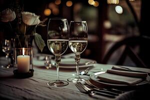bril van Champagne en wit wijn geregeld Aan een restaurant tafel. generatief ai. digitaal kunst illustratie foto