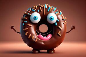 3d grappig chocola donut tekenfilm karakter. generatief ai. digitaal kunst illustratie foto