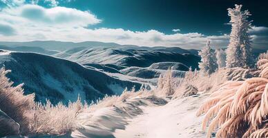 winter panorama besneeuwd bergen, met sneeuw bedekt pieken - ai gegenereerd beeld foto