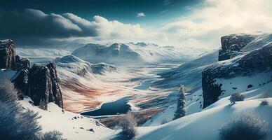 winter panorama besneeuwd bergen, met sneeuw bedekt pieken - ai gegenereerd beeld foto