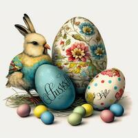 gelukkig Pasen eieren Pasen konijn 4k hd ai gegenereerd afbeeldingen voor behang en Pasen wensen foto