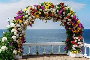 bloem boog Aan de kust. bruiloft installatie. ai gegenereerd foto