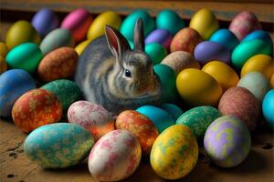 gelukkig Pasen eieren Pasen konijn 4k hd ai gegenereerd afbeeldingen voor behang en Pasen wensen foto