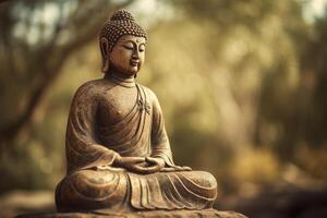 Boeddha standbeeld in buitenshuis instellingen, gemaakt met generatief ai foto