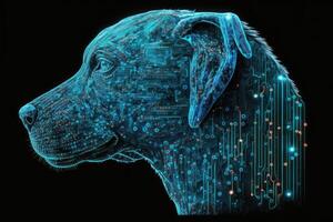 neurale netwerk van een hond hersenen met groot gegevens en kunstmatig intelligentie- stroomkring bord in de hoofd van een blauw hond, schetsen concepten van een digitaal brein, computer. ai gegenereerd foto