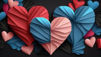 gelukkig Valentijnsdag dag achtergrond ontwerp met groot hart gemaakt van roze, rood en blauw. ai gegenereerd foto