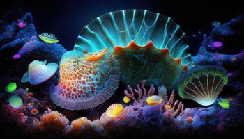 een onderwater- wereld met kleurrijk Sint-jakobsschelpen, zeester en schelp schelpen. ai gegenereerd foto