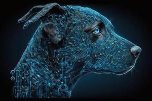 neurale netwerk van een hond hersenen met groot gegevens en kunstmatig intelligentie- stroomkring bord in de hoofd van een blauw hond, schetsen concepten van een digitaal brein, computer. ai gegenereerd foto