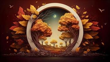 generatief ai illustratie van kleurrijk herfst bomen met ronde vormig kader foto