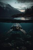 mooi visie van de berg. oceaan surfing Golf breken en schildpadden duiken onderwater. schildpadden hieronder de water oppervlakte in turkoois wateren van een tropisch oceanen. generatief ai. foto