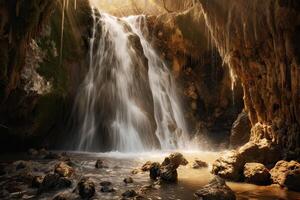 Super goed visie Aan waterval met kleurrijk lucht gedurende zonsondergang. geweldig natuur landschap. reizen is een levensstijl, concept. IJsland populair plaats van reizen en toeristisch plaats. generatief ai. foto