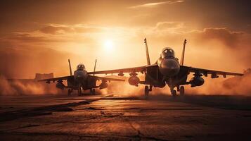 militar vliegtuig vliegend over- de wolken in verbazingwekkend zonsondergang. generatief ai. foto