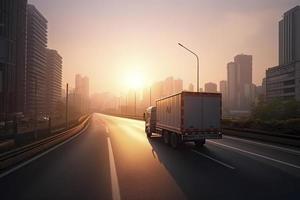 achterzijde hoek visie van levering vrachtauto rennen Aan de weg met zonsopkomst stadsgezicht, snel levering, lading logistiek foto