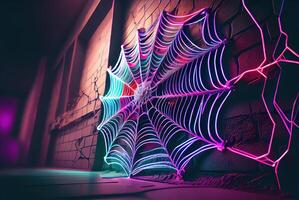 steen muur met gekleurde neon spinnenwebben Aan een leeg straat Bij nacht. ai gegenereerd foto