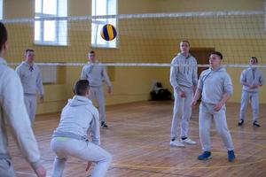 Wit-Rusland, de stad van gomil, april 12, 2017.an Open les in de college van fysiek onderwijs. mensen Speel volleybal in de Sportschool. foto