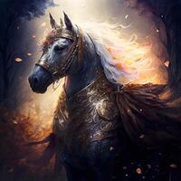 mystiek paard met schild en stralen van licht in de omgeving van. generatief ai foto
