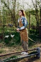 een vrouw glimlachen prachtig en op zoek Bij de camera, een boer in werk kleren en een schort werken buitenshuis in natuur en Holding een hark naar verzamelen gras en voederen voor de dieren in de tuin foto