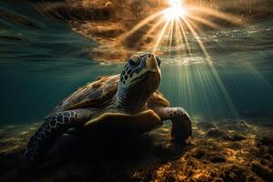 mooi onderwater- ansichtkaart. Maldivisch zee schildpad drijvend omhoog en over- koraal rif. onechte in wild natuur leefgebied. generatief ai. foto
