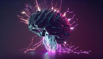generatief ai illustratie van kunstmatig intelligentie- technologisch hersenen met gloeiend Purper neon lichten tegen donker achtergrond foto