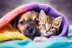 generatief ai illustratie van een hond en kat onder een kleurrijk deken foto