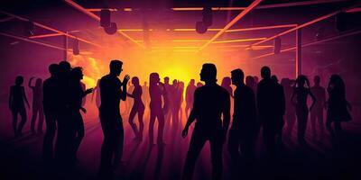 generatief ai illustratie van een club landschap met dansen mensen silhouetten foto