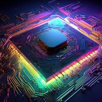 3d renderen CPU of bewerker chipset Aan moederbord elektronisch apparaat en stroomkring bord, generatief ai concept technologie kleurrijk achtergrond. foto