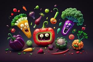 grappig schattig groenten in tekenfilm stijl. groente mengen. generatief ai. foto