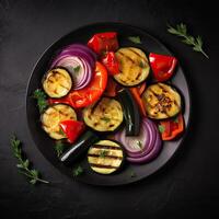 gegrild groenten, aubergine, klok peper, courgette, rood ui, tomaat Aan bord. top visie. generatief ai. foto