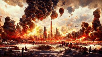 dag des oordeels. einde van de wereld. de geruïneerd stad na de Apocalypse. de post-nucleair oorlog wereld in vlammen. generatief ai. foto