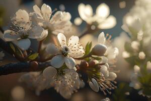 voorjaar bloesem. mooi bloemen bloeiend boom Afdeling. vers voorjaar takken van boom met bloemen, natuurlijk bloemen seizoensgebonden Pasen achtergrond. groen lente dichtbij omhoog. zonneschijn. generatief ai. foto