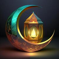 Islamitisch Ramadan vakantie banier met gloeiend lantaarn maan en moskee venster portaal generatief ai foto