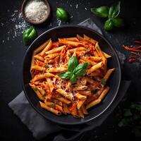 klassiek Italiaans pasta penne alla arrabiata met basilicum en vers Parmezaanse kaas kaas Aan donker tafel. penne pasta met saus. top visie. generatief ai. foto