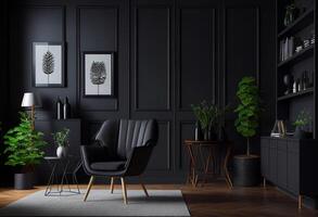 modern leven kamer interieur met bank, koffie tafel en planten. 3d renderen generatief ai foto